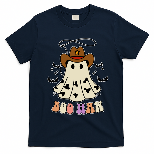 Boo Haw Ghost Western Cowboy Cowgirl Halloween T-Shirt - Navy Blue
