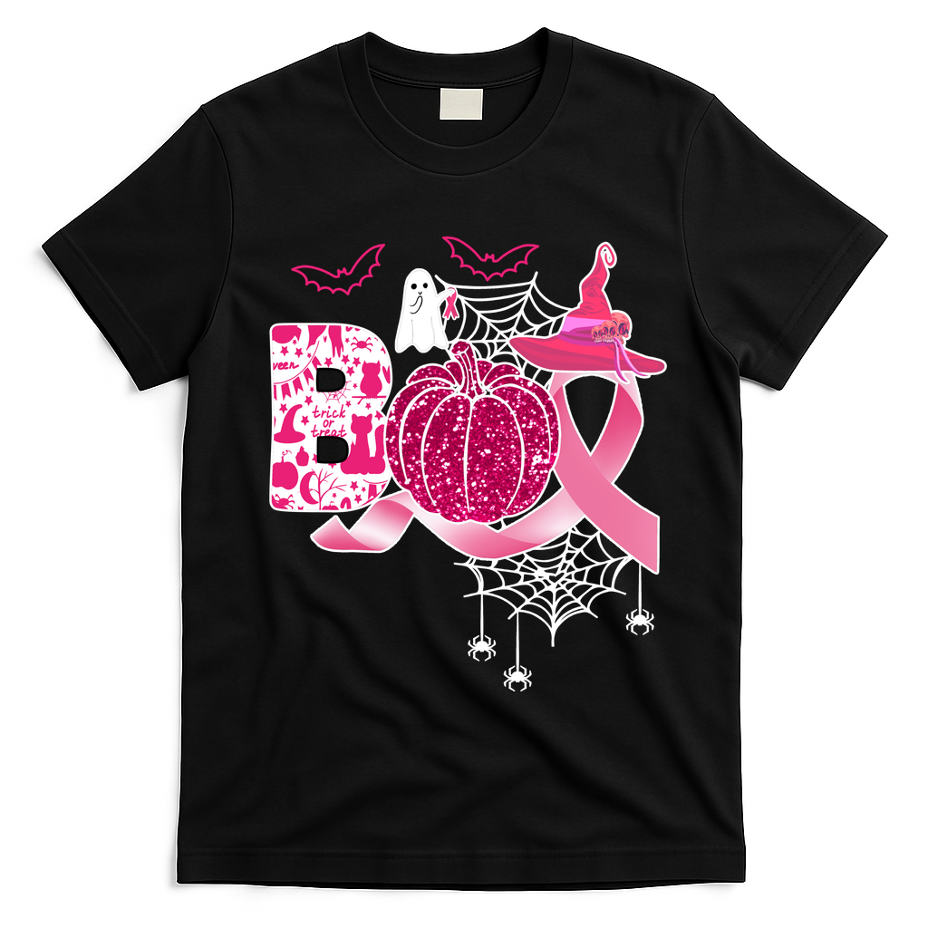 Boo Halloween Pumpkin Pink Ribbon Witch Ghost Breast Cancer T-Shirt - Black