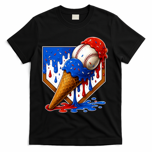 Baseball Ice Cream Drip USA 4th Of July T-Shirt - Black
