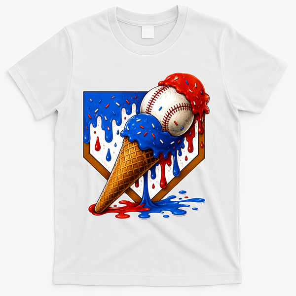 Baseball Ice Cream Drip USA 4th Of July T-Shirt - White