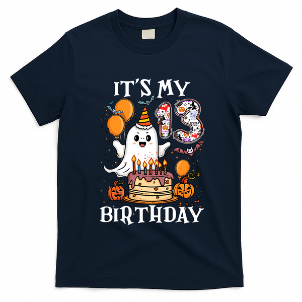 Boo ItS My 13th Birthday Halloween Ghost 13 Years Old Bday Gift T-Shirt - Navy Blue