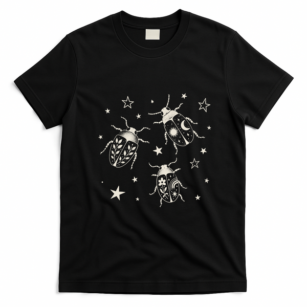 Beetle Illustration With Stars And Cosmic T-Shirt - Black