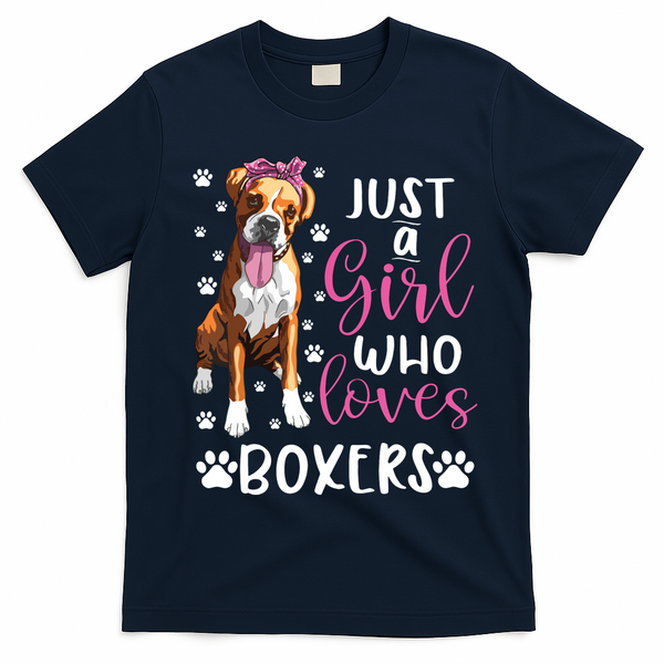 Boxer Just A Girl Who Loves Boxers Dogs Lover Girl Gift T-Shirt - Navy Blue