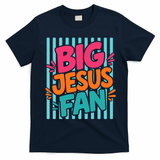 Big Jesus Fan Fun Retro Stripe Graphic Faith T-Shirt - Navy Blue