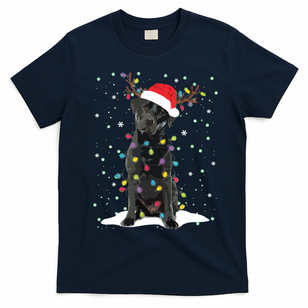 Black Lab Labrador Christmas Tree Light Pajama Dog Xmas T-Shirt - Navy Blue