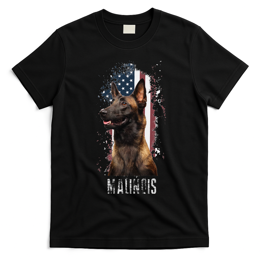Belgian Malinois American Flag Funny Dog Gift Love T-Shirt - Black