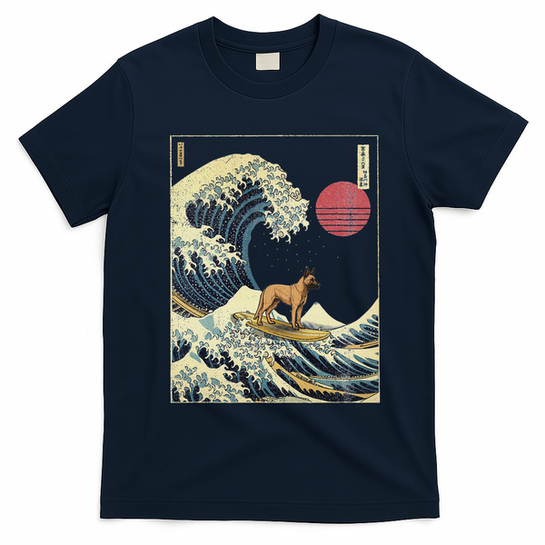 Belgian Malinois Japanese Kanagawa Wave Funny Surf Dog T-Shirt - Navy Blue