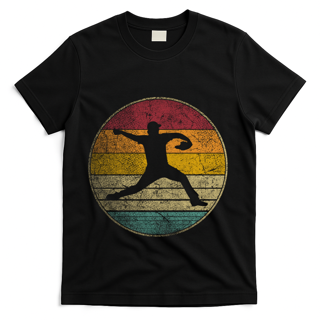 Baseball Pitcher Pitching Ball Glove Retro 70s 80s 90s Gift T-Shirt - Black