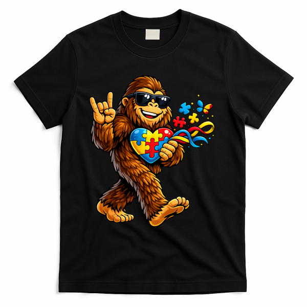 Bigfoot Rock Hand Autism Awareness Puzzle T-Shirt - Black