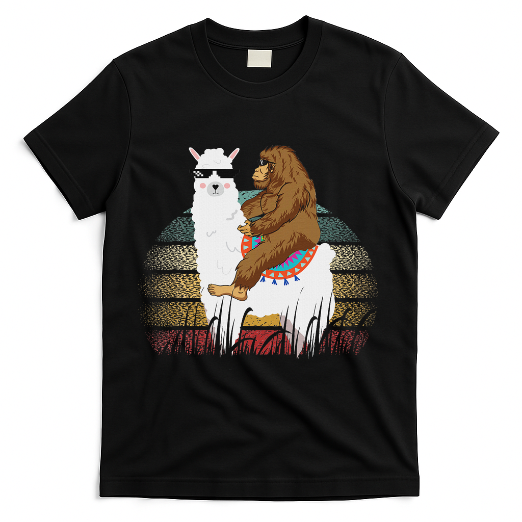 Bigfoot Riding Llama Sasquatch Retro T-Shirt - Black