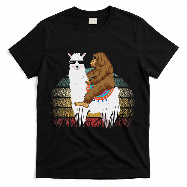 Bigfoot Riding Llama Sasquatch Retro T-Shirt - Black