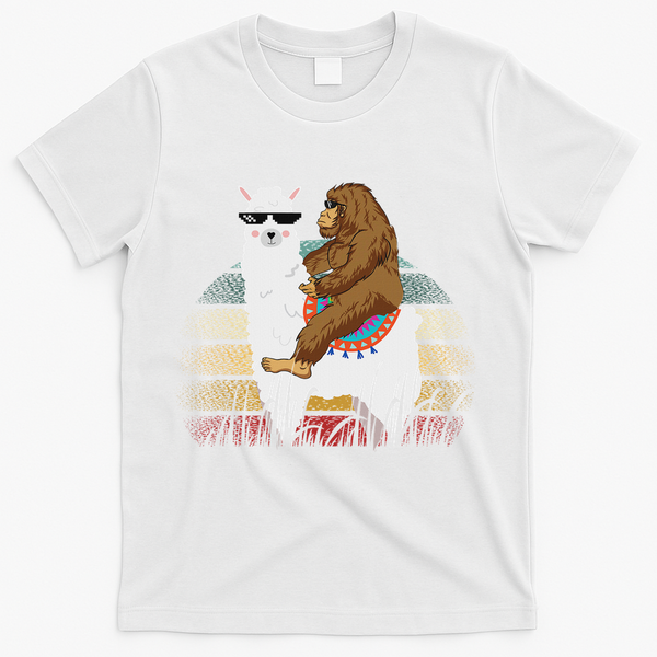 Bigfoot Riding Llama Sasquatch Retro T-Shirt - White