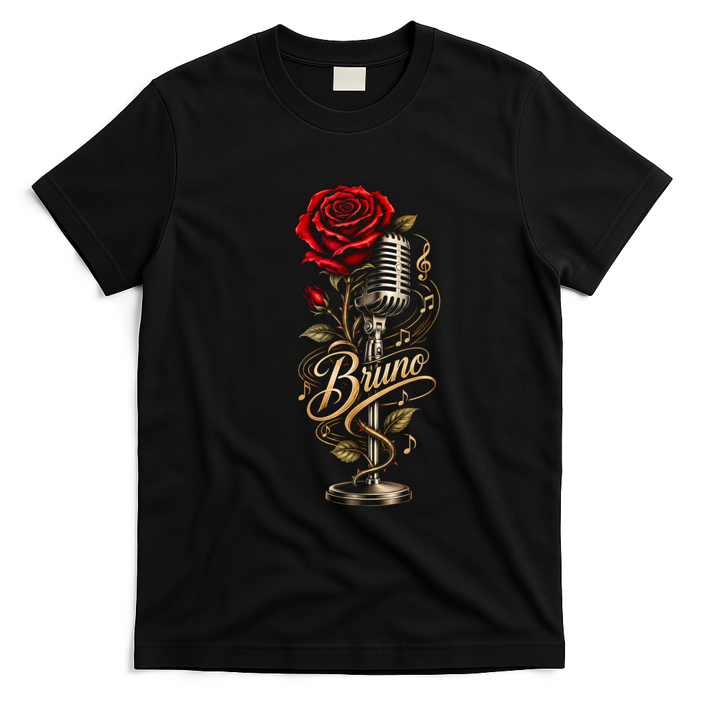 Bruno Retro Microphone Rose Floral Music Concert Fan T-Shirt - Black