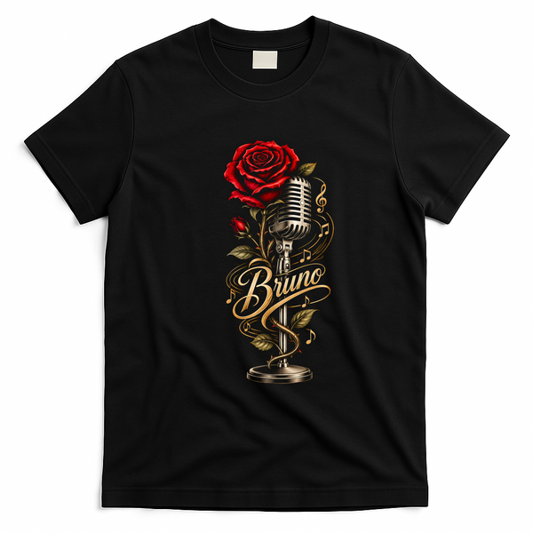 Bruno Retro Microphone Rose Floral Music Concert Fan T-Shirt - Black