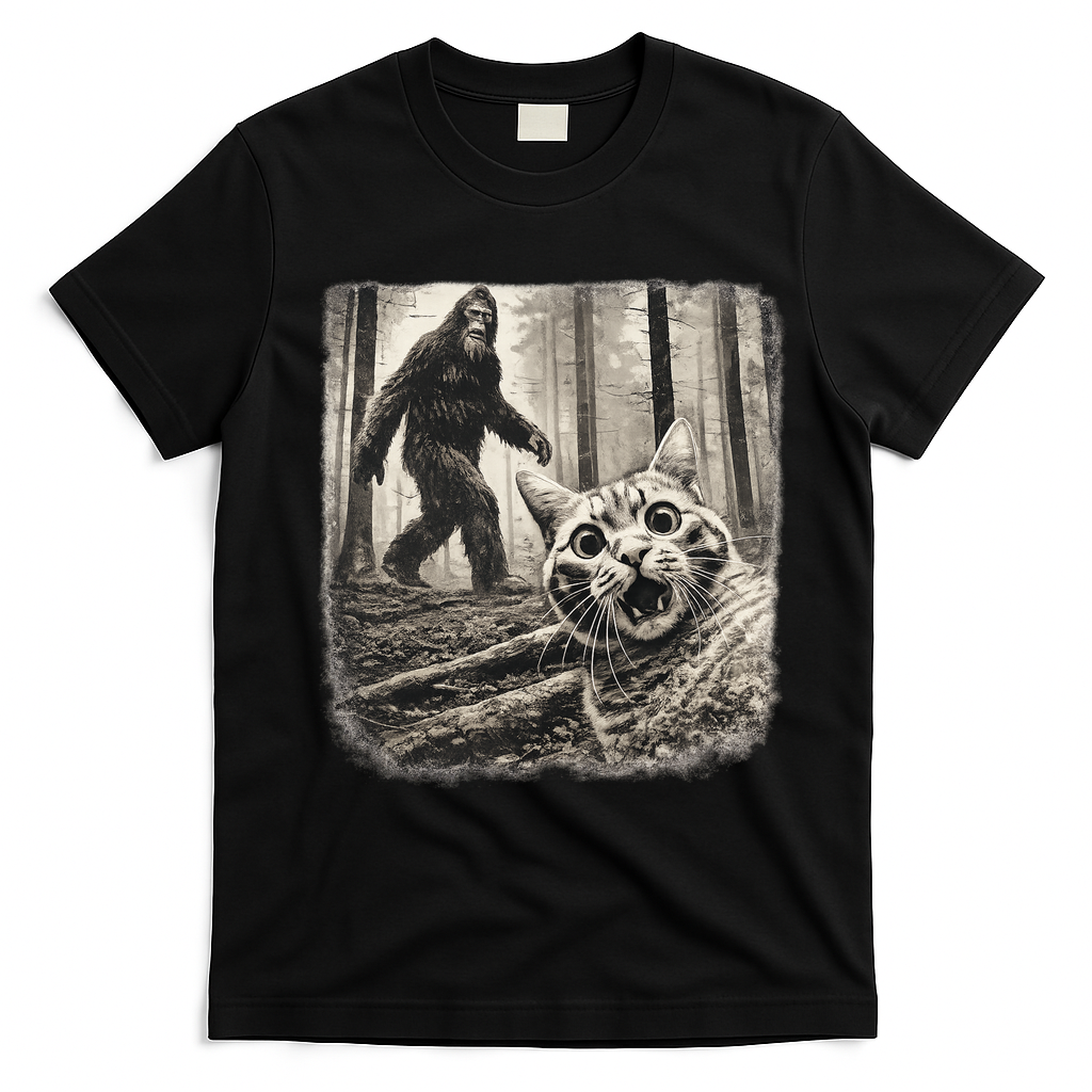 Bigfoot Sasquatch Cat Selfie Funny Meme Kitty T-Shirt - Black