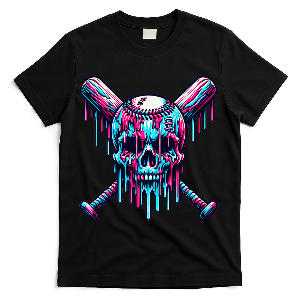 Baseball Skull Drip Baseball Drip Baseball Ice Cream Drip T-Shirt - Black