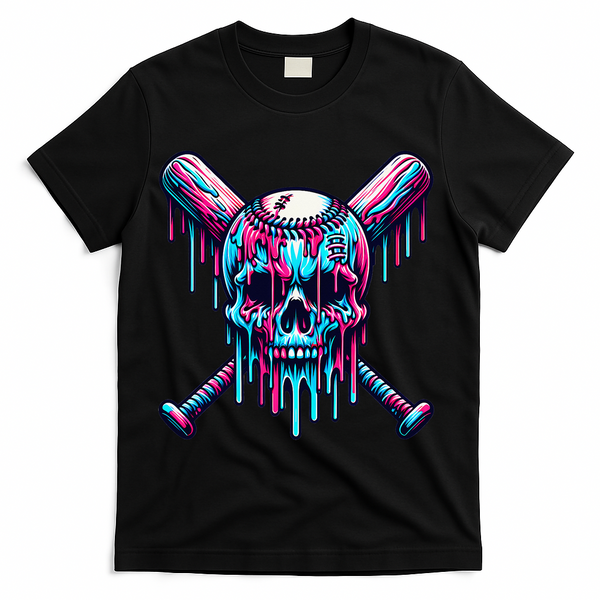 Baseball Skull Drip Baseball Drip Baseball Ice Cream Drip T-Shirt - Black