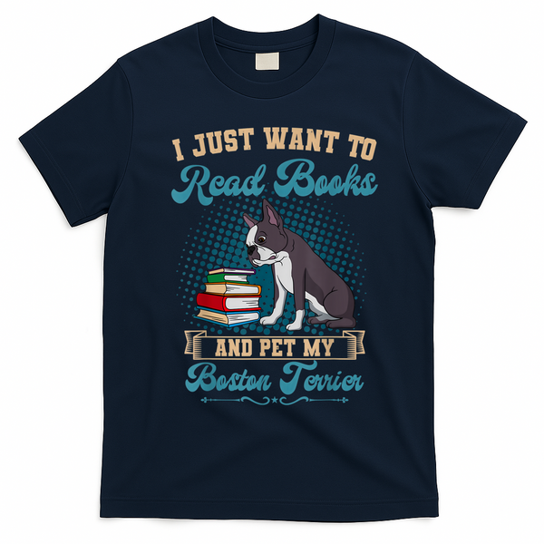 Boston Terrier American Gentleman Bibliophile Book Lover T-Shirt - Navy Blue