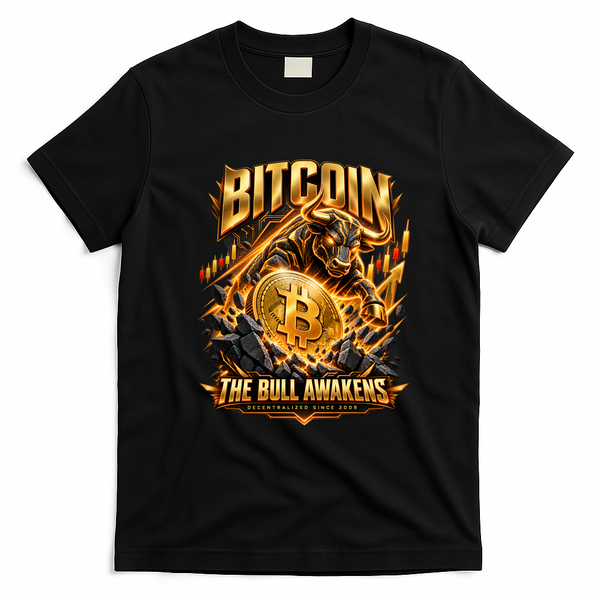Bitcoin The Bull Awakens Cryptocurrency Bull Market Art T-Shirt - Black