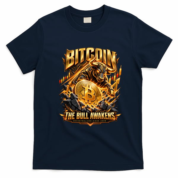 Bitcoin The Bull Awakens Cryptocurrency Bull Market Art T-Shirt - Navy Blue