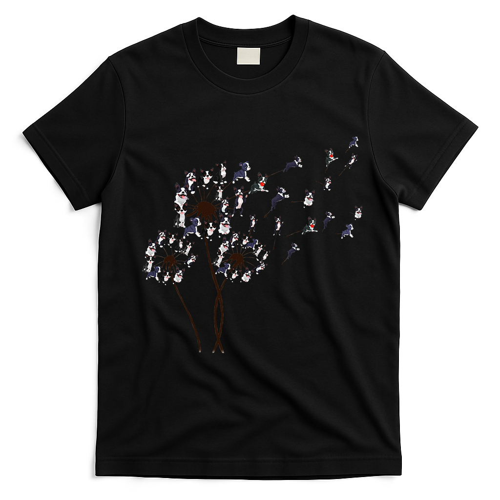 Boston Terrier Dandelion Flower Fly Dog Lovers Funny T-Shirt - Black