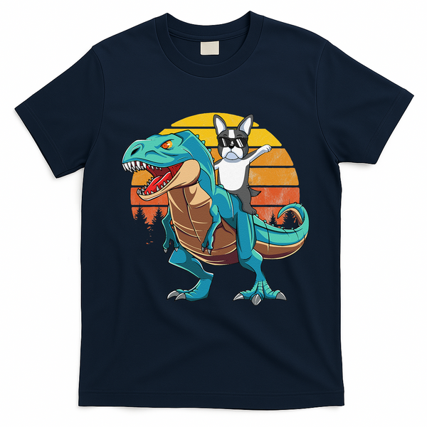 Boston Terrier Dog Riding Dinosaur T Rex T-Shirt - Navy Blue