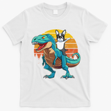 Boston Terrier Dog Riding Dinosaur T Rex T-Shirt - White