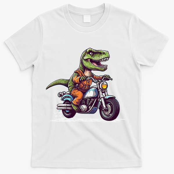 Biker T Rex On Motor Bike Dinosaur T Rex Riding Motorcycle T-Shirt - White