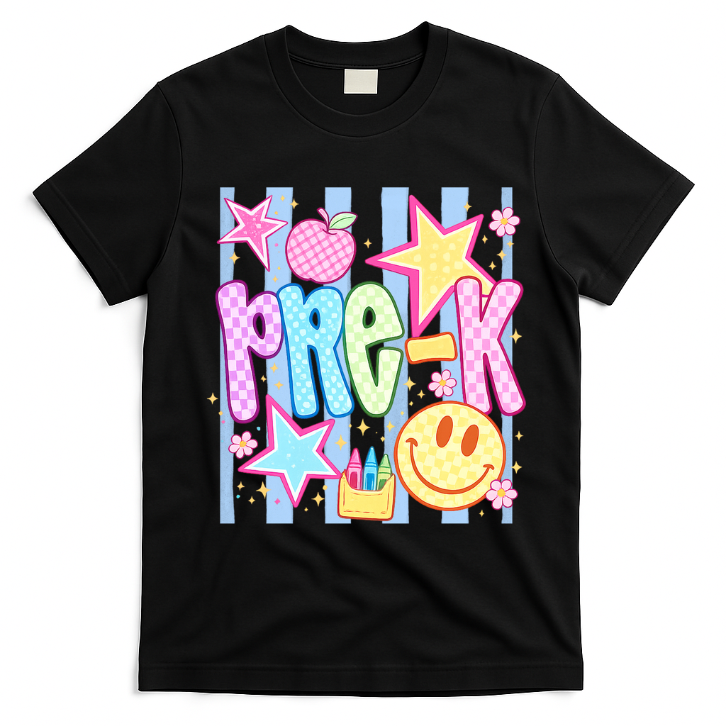Back To School Colorful Pre K Checkered Teacher  T-Shirt - Black