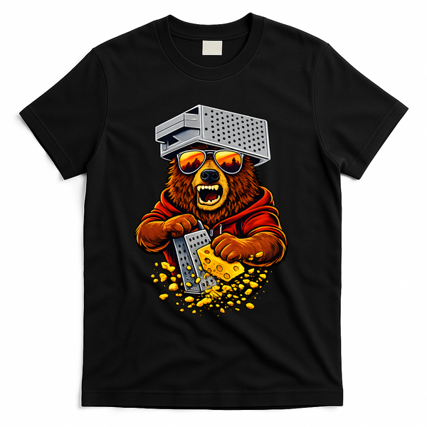 Bear With Cheese Grater Hat And Sunglasses T-Shirt - Black
