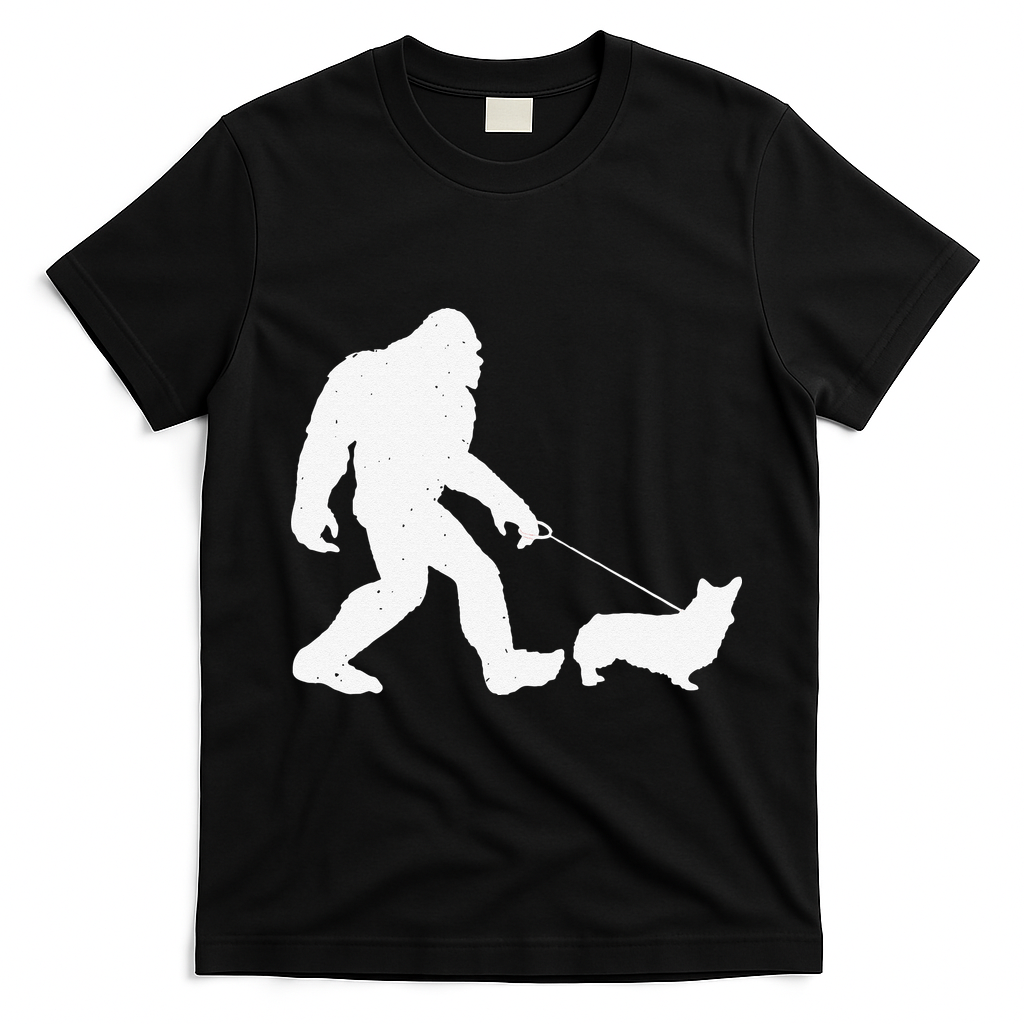 Bigfoot Walking Corgi Dog Funny Gift T-Shirt - Black