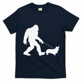 Bigfoot Walking Corgi Dog Funny Gift T-Shirt - Navy Blue