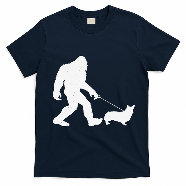 Bigfoot Walking Corgi Dog Funny Gift T-Shirt - Navy Blue