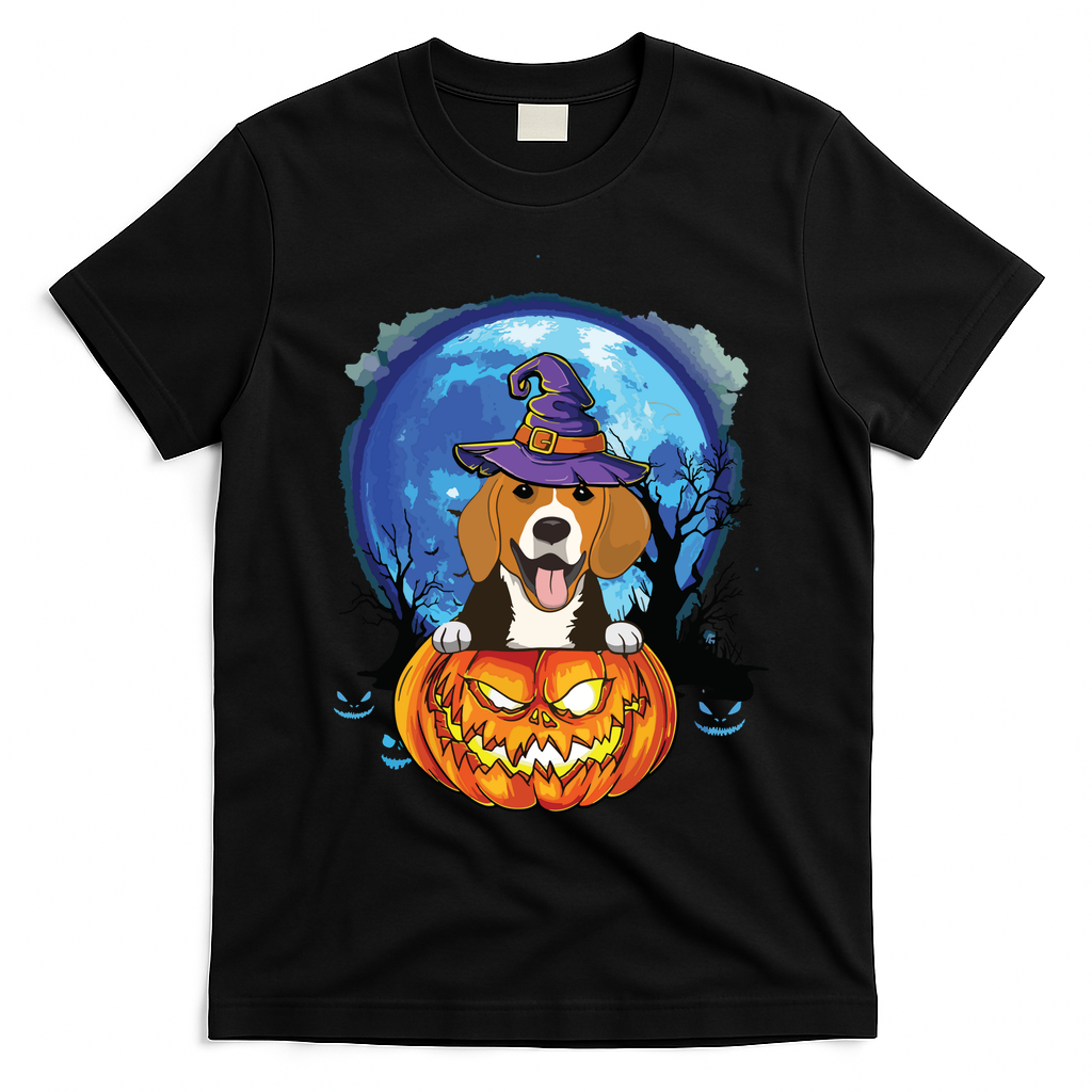 Beagle Witch Hat Pumpkin Scary Halloween Dog Lovers T-Shirt - Black