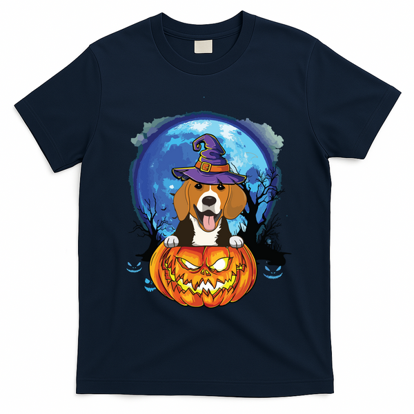 Beagle Witch Hat Pumpkin Scary Halloween Dog Lovers T-Shirt - Navy Blue