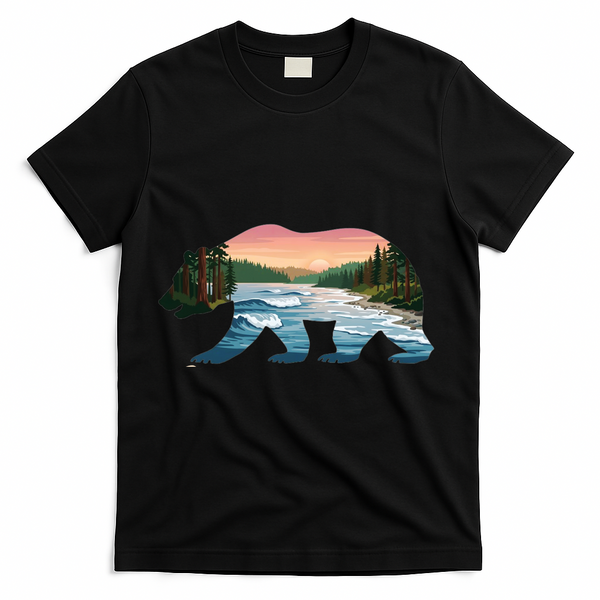 Bear Wildlife Nature River National Park Sunset  T-Shirt - Black