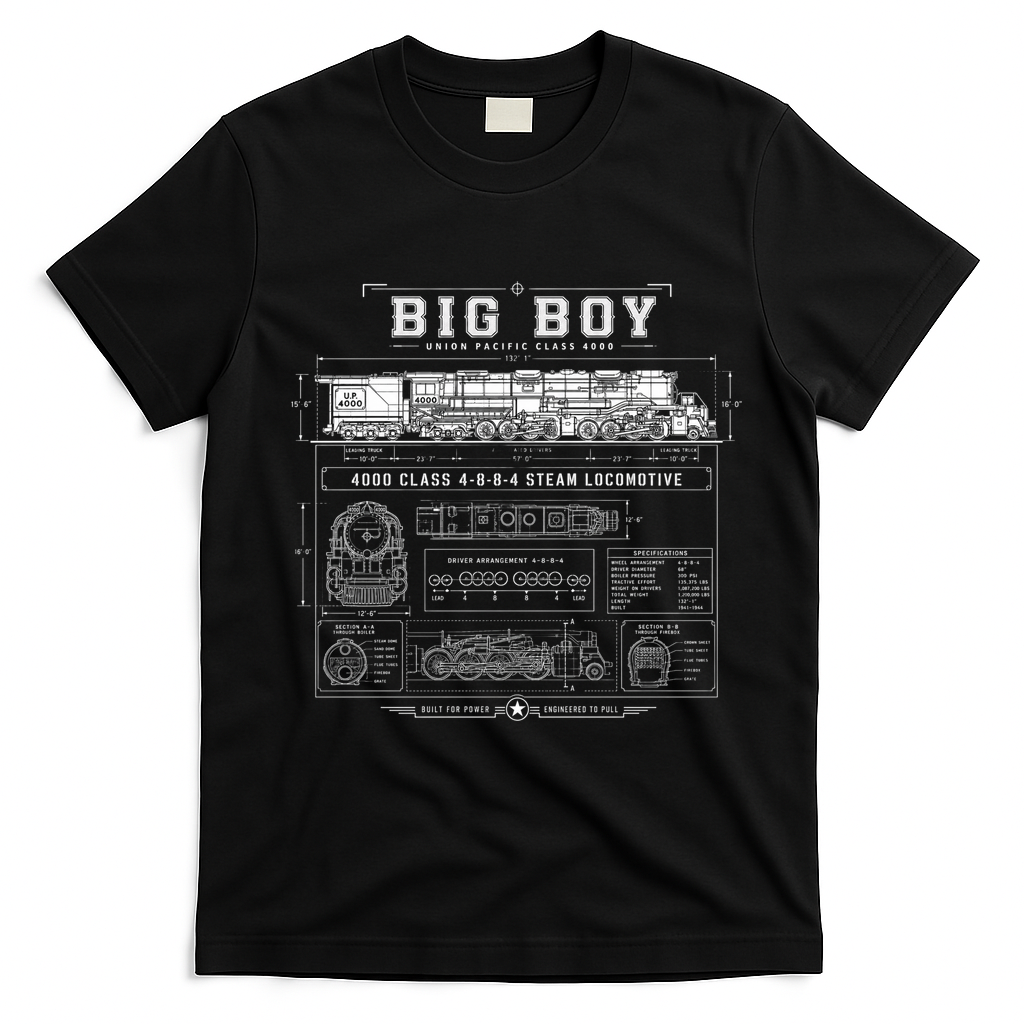 Big Boy 4000 Blueprint Steam Locomotive Train T-Shirt - Black