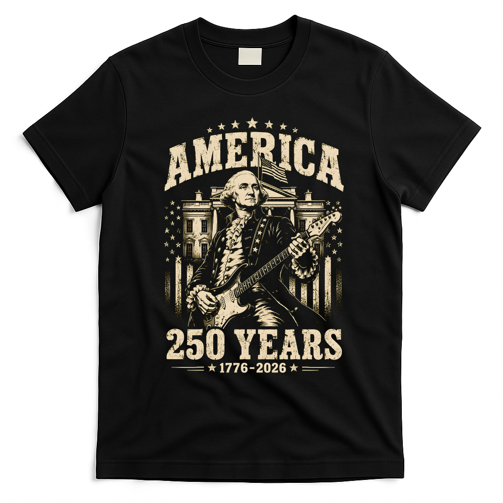 Celebrate 250 Years Of America George Washington Rocking Out T-Shirt - Black