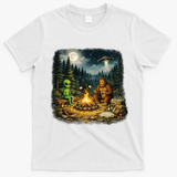 Camping Aliens Bigfoot UFO Campfire Adventure T-Shirt - White