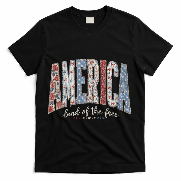 Cute America Land Of The Free Patchwork Varsity Style T-Shirt - Black