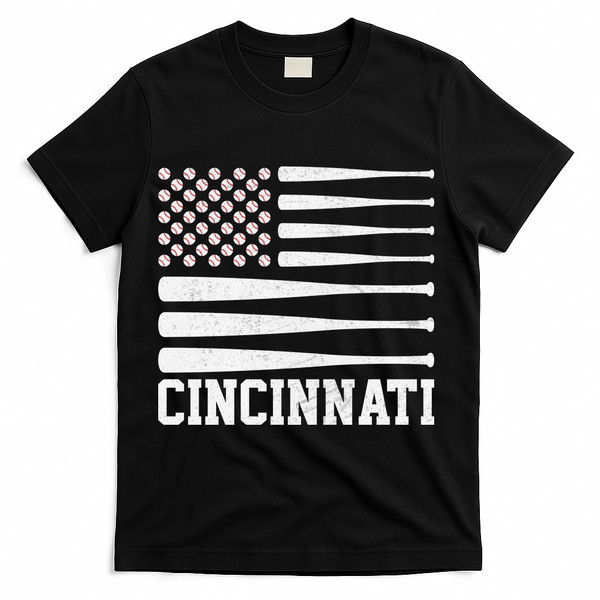 Cincinnati Baseball Bat American Flag T-Shirt - Black