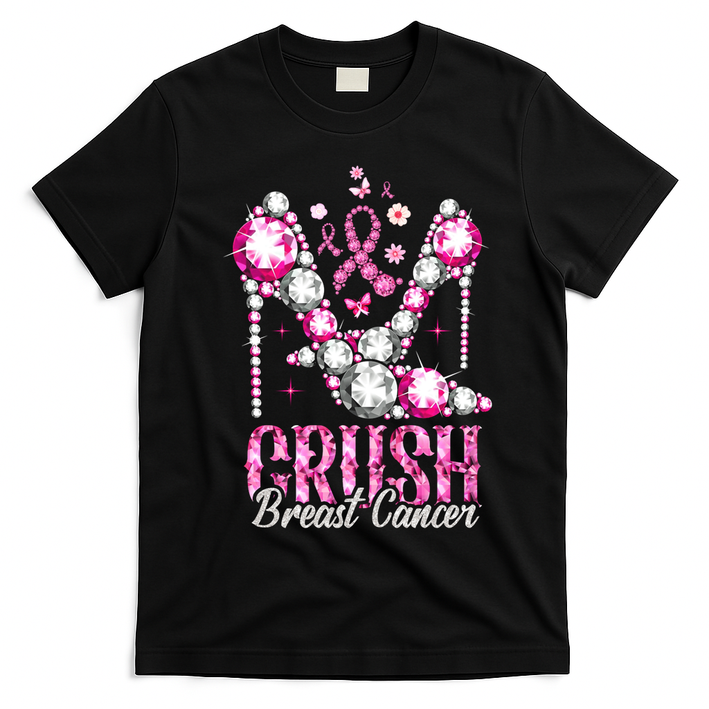 Crush Breast Cancer Awareness Bling Pink Ribbon T-Shirt - Black