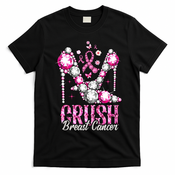 Crush Breast Cancer Awareness Bling Pink Ribbon T-Shirt - Black