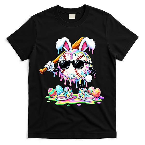 Cool Baseball Drip Bunny Rabbit Easter T-Shirt - Black