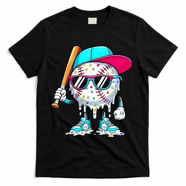 Cool Baseball Life Style Ice Cream Melting Drip Graphic T-Shirt - Black