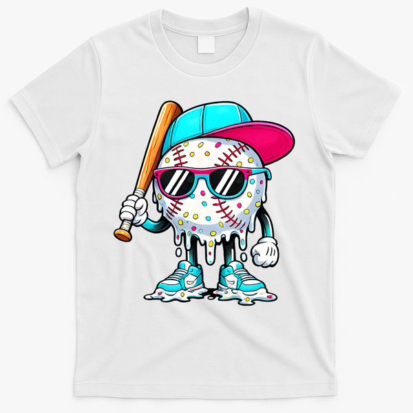 Cool Baseball Life Style Ice Cream Melting Drip Graphic T-Shirt - White
