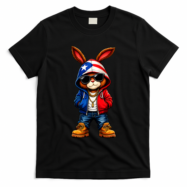 Cool Bunny Puerto Rican Flag Vibes Boricua  T-Shirt - Black