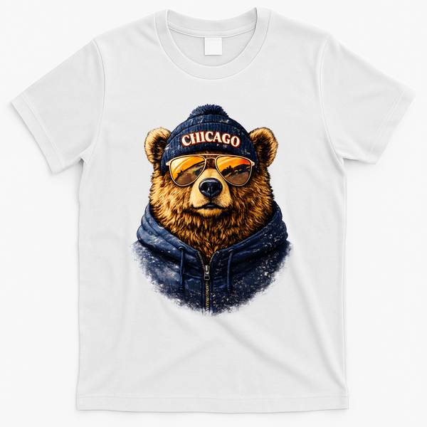 Cool Bear With Beanie Sunglasses Vintage Chicago T-Shirt - White