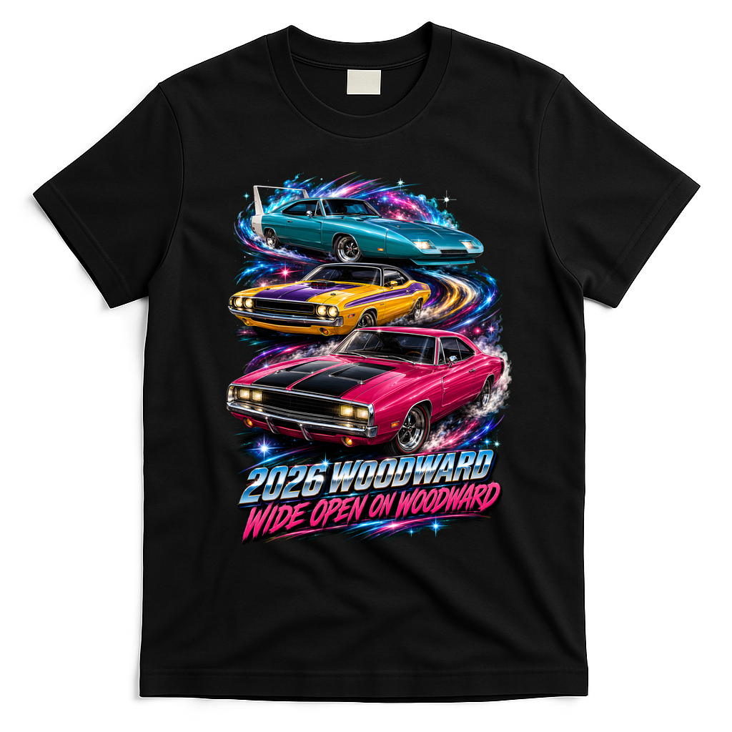 Cosmic Cars 2026 Wide Open On Woodward T-Shirt - Black