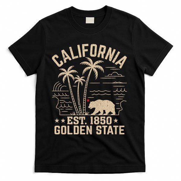 California Cali Bear Vintage EST 1850 Golden State T-Shirt - Black